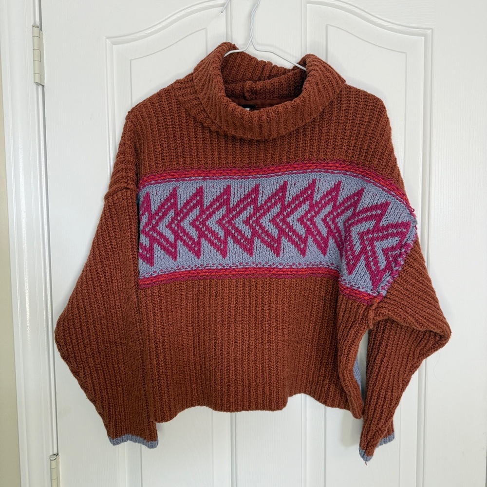 Free People Brown Purple Pink Patterned Cowl Neck Sweater FLAWED Oversized XS